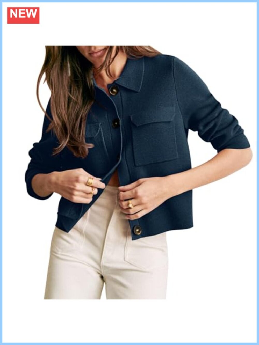 Merino Wool Cropped Cardigan Button Down Knit Sweater with Pockets